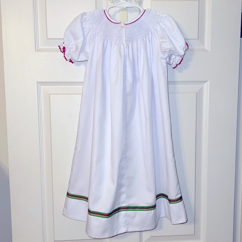 Anavini girls size 4T smock Christmas ornament white dress,hot pink ric rac trim - Picture 4 of 5